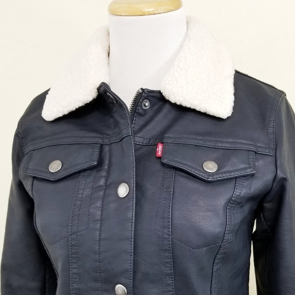 Levi's sherpa leather trucker jacket navy blue size XS (missing cuff snap) - Picture 5 of 8